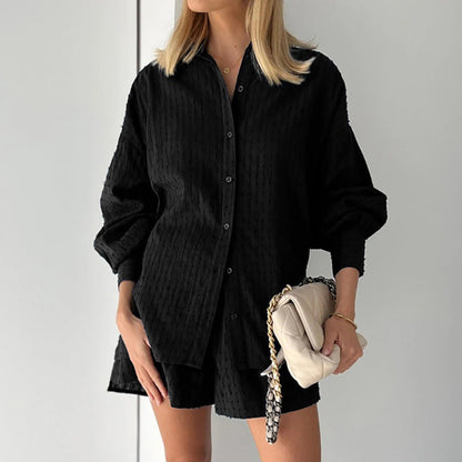 Women's Set Blouse and Shorts – Jacquard – Loose Fit – Puff Sleeves