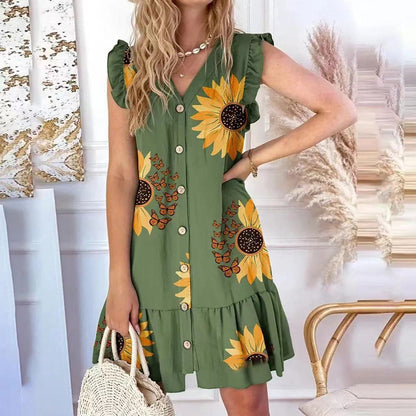 Robe Femme Évasée – Imprimé Fleuri – Col V – Sans Manches – Boutonnage – Volants