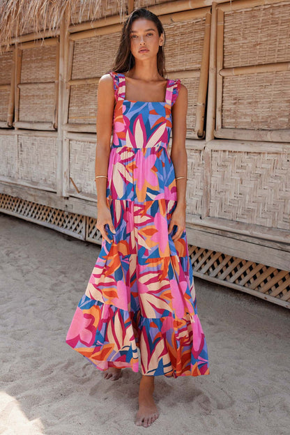 Robe longue femme – Coupe ample – Sans manches – En coton – Jupe à volants – Col carré