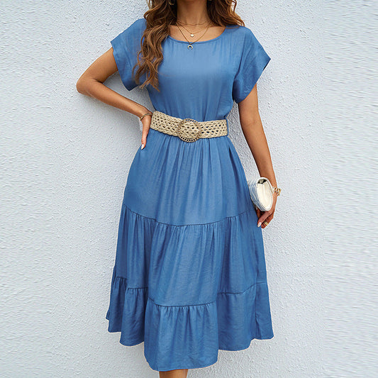 Robe midi femme – Coupe décontractée – Tissu respirant – Ceinture tressée – Volants