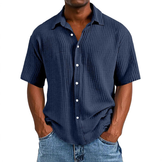 Chemise manches courtes homme – Coupe décontractée – Tissu froissé respirant – Col classique