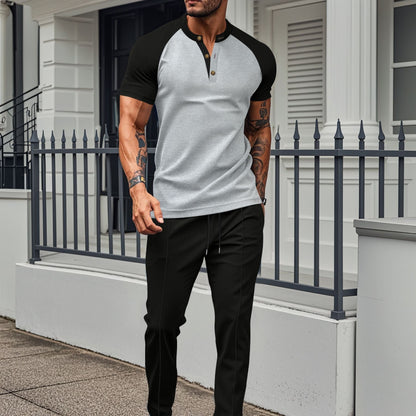 Ensemble deux pièces homme – Haut manches courtes – Coupe slim – Manches raglan – Pantalon droit – Mélange coton