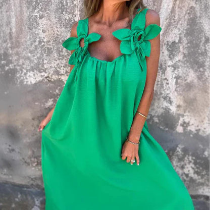 Robe longue femme – Coupe fluide – Tissu respirant – Épaules fleuries élégantes
