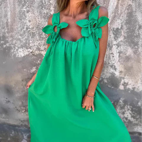 Robe longue femme – Coupe fluide – Tissu respirant – Épaules fleuries élégantes