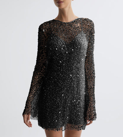 Women's cocktail dress – Fitted cut – Long sleeves – Sequins – Mini length