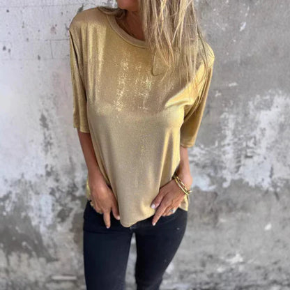 Blouse femme – Coupe décontractée – Tissu fluide brillant – Manches courtes – Col rond