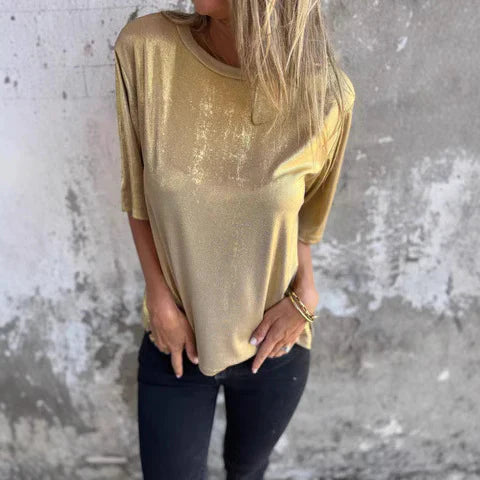 Blouse femme – Coupe décontractée – Tissu fluide brillant – Manches courtes – Col rond