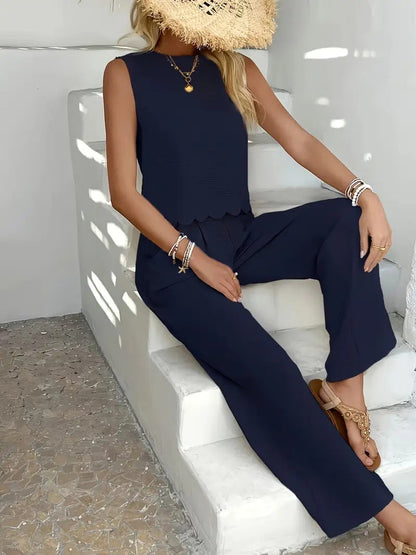 Pantalon femme large – Tissu léger froissé – Taille élastique – Longueur cheville