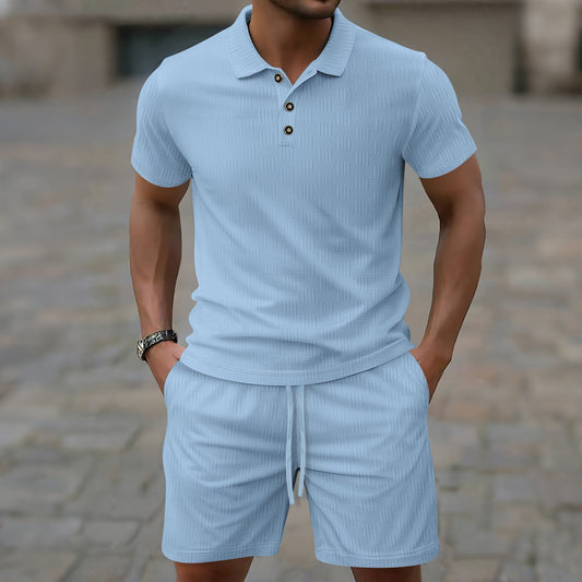 Ensemble décontracté homme – T-shirt à manches courtes – Coupe slim – Motif texturé – Patte boutonnée