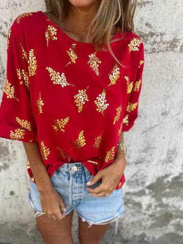 Blouse femme – Coupe décontractée – Col bateau – Manches 3/4 – Tissu léger scintillant