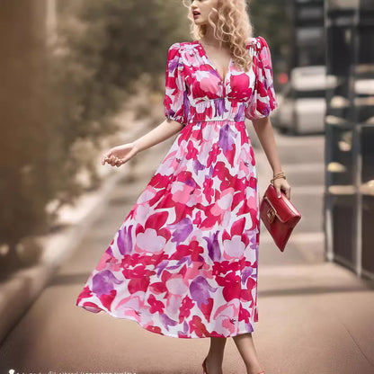 Robe midi femme – Imprimée – Col V – Manches bouffantes – Taille cintrée – Tissu respirant