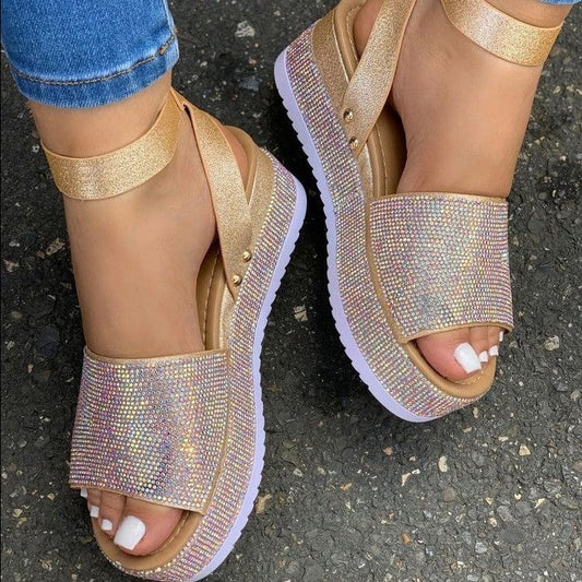 Sandales plateforme femme – Semelle épaisse – Strass brillants – Bride à boucle