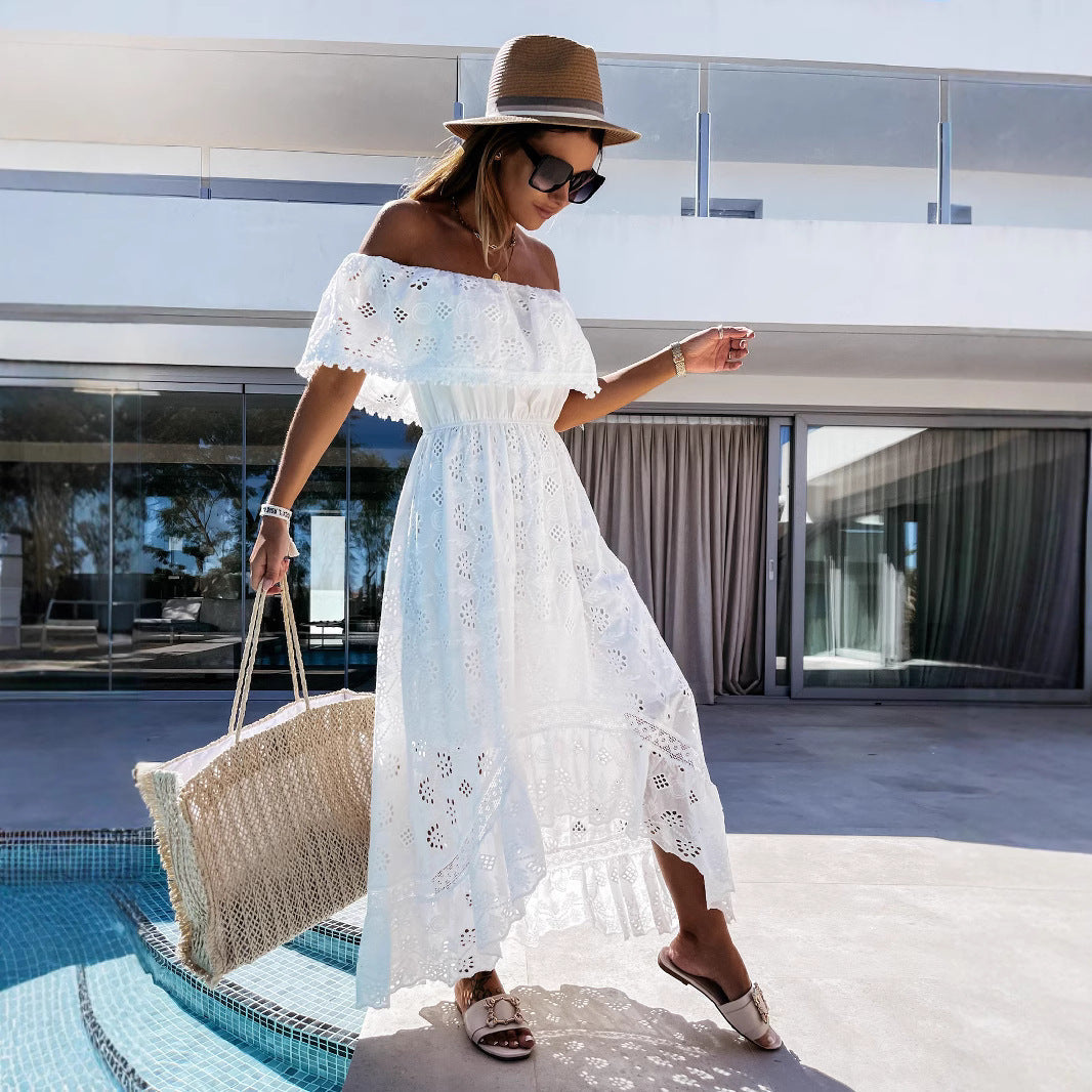 Robe longue femme – Épaules dénudées – Taille cintrée – Dentelle – Style bohème fluide