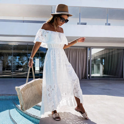 Robe longue femme – Épaules dénudées – Taille cintrée – Dentelle – Style bohème fluide