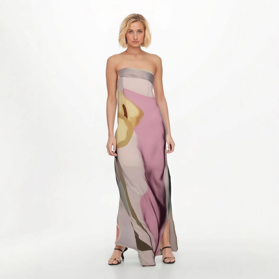 Women's midi dress – Strapless – Abstract print – Elegant fluid cut
