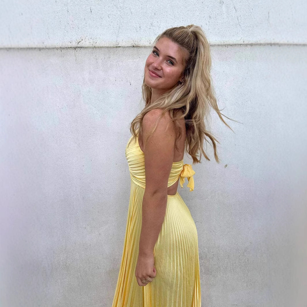 Robe Longue Femme – Décolleté V – Tissu Fluide Plissé – Bretelles Fines Élégantes