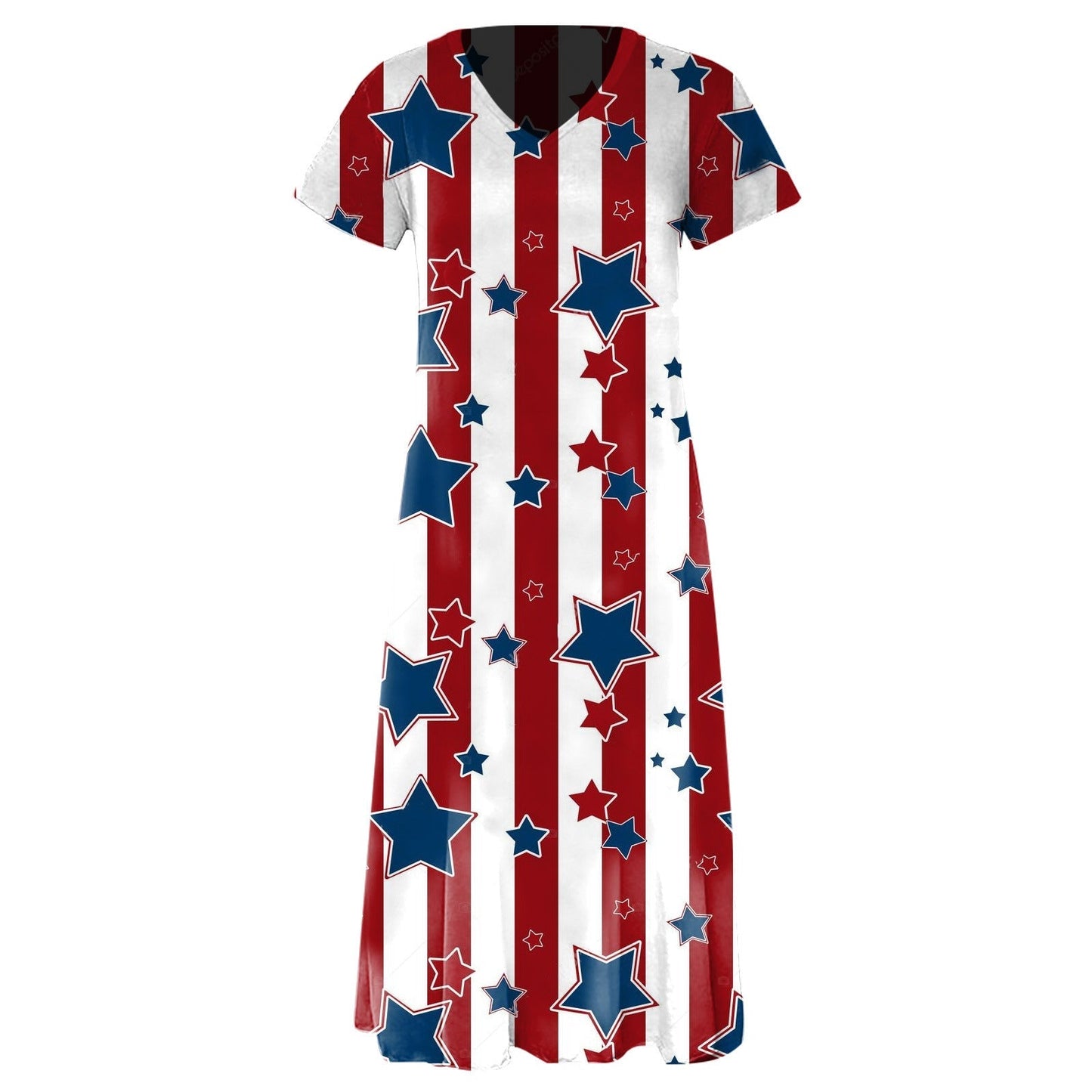 Robe longue femme – Coupe ample – Col en V – Manches courtes – Imprimé graphique – Coton