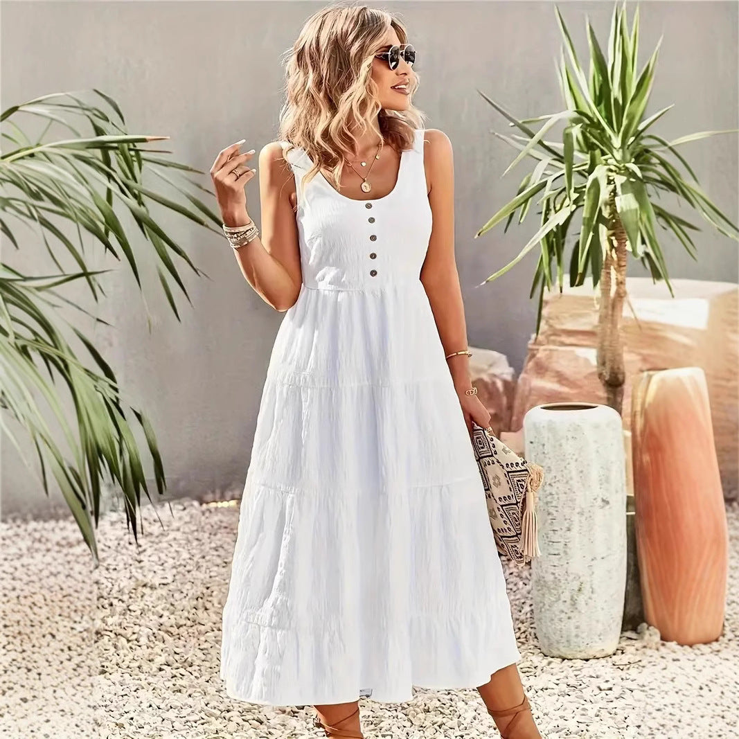 Robe longue femme – Sans manches – Coupe évasée – Tissu respirant – Jupe à volants