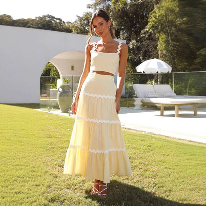 Women's two-piece set – Top fitted bustier – Skirt long flowing with ruffles