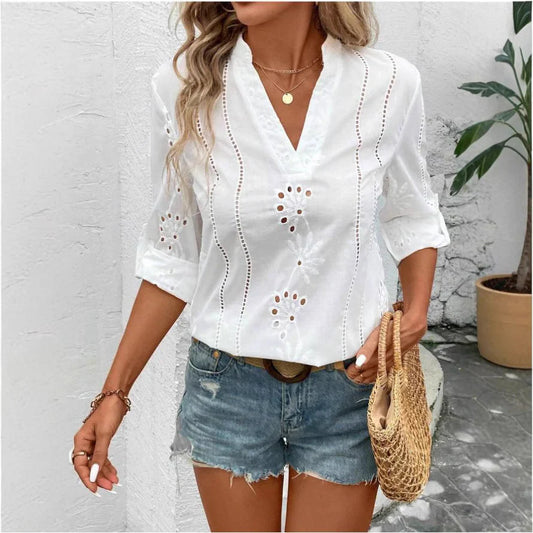 Blouse femme – Coupe décontractée – Fibres naturelles respirantes – Dentelle – Col en V