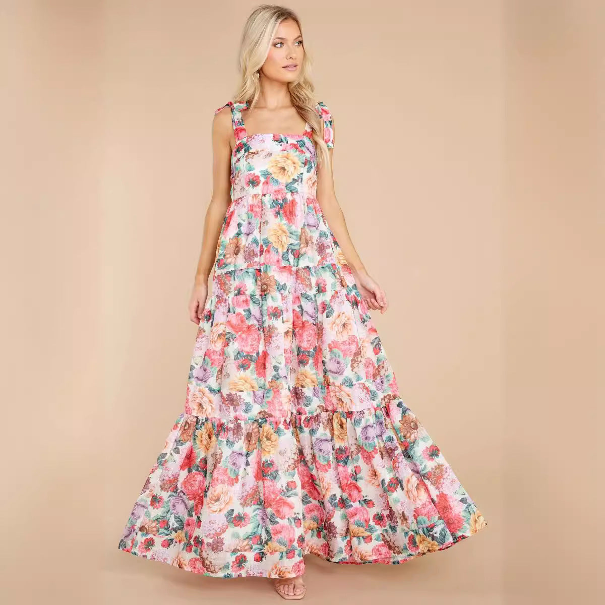 Robe longue femme – Sans manches – Imprimé fleuri – Coupe fluide – Tissu respirant