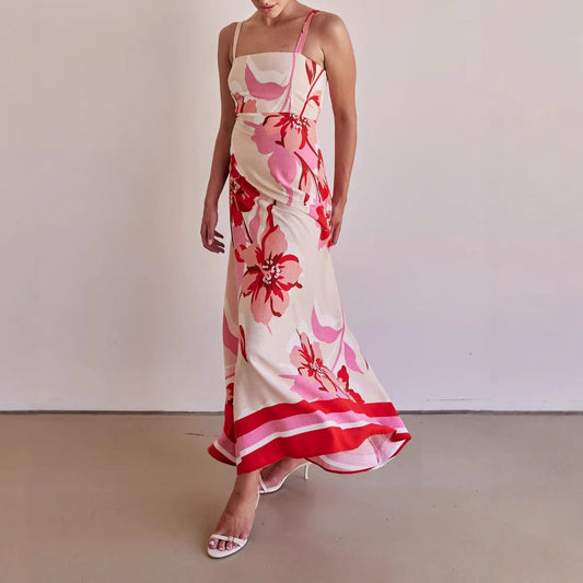 Robe longue femme – Coupe ajustée – Bretelles fines – Imprimé fleuri