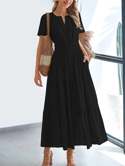 Robe longue femme – Col en V – Manches bouffantes – Taille froncée – Coupe évasée