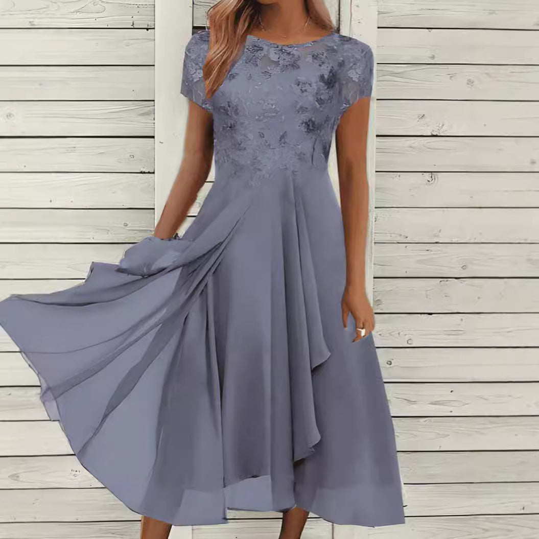 Robe fluide élégante en A pour femme avec superposition de dentelle florale