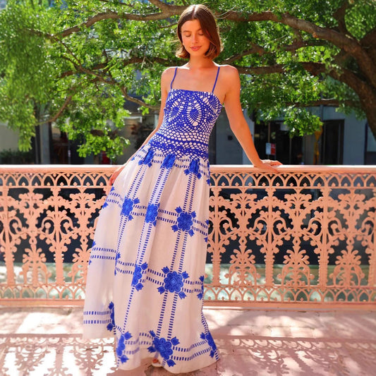Robe longue femme – Dentelle crochet – Bretelles fines – Coupe évasée