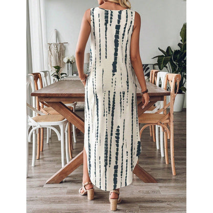 Robe longue femme – Coupe ample – Sans manches – Col en V – Rayures – Coton