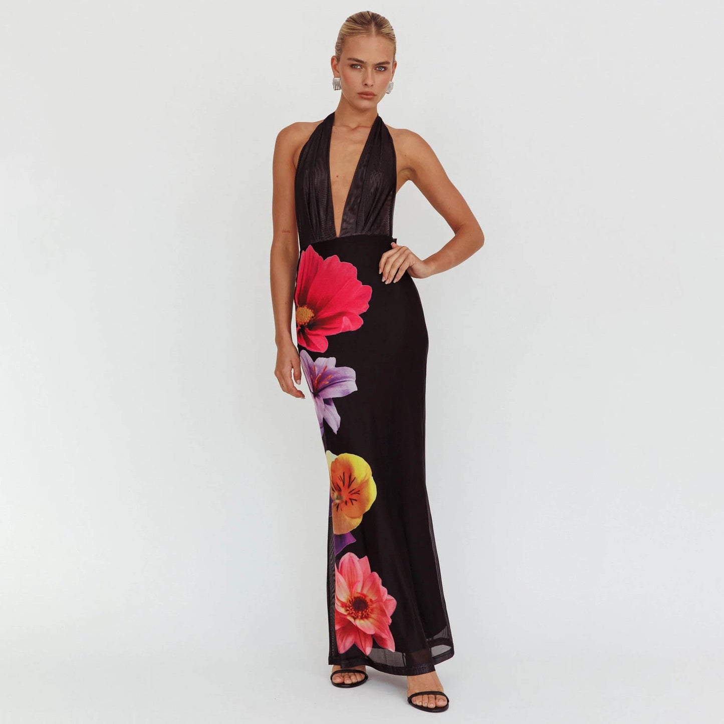 Robe longue femme – Coupe slim – Décolleté plongeant – Col dos nu – Imprimé floral