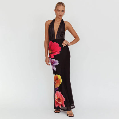 Robe longue femme – Coupe slim – Décolleté plongeant – Col dos nu – Imprimé floral