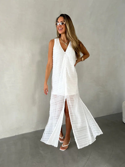 Robe longue femme – Dentelle élégante – Sans manches – Col en V – Fente frontale