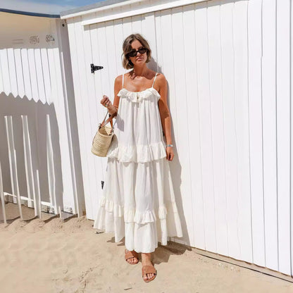 Robe longue femme – Coupe fluide – Décolleté à volants – Bretelles fines – Jupe à étages