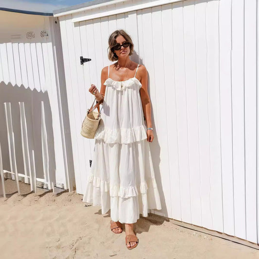 Robe longue femme – Coupe fluide – Décolleté à volants – Bretelles fines – Jupe à étages