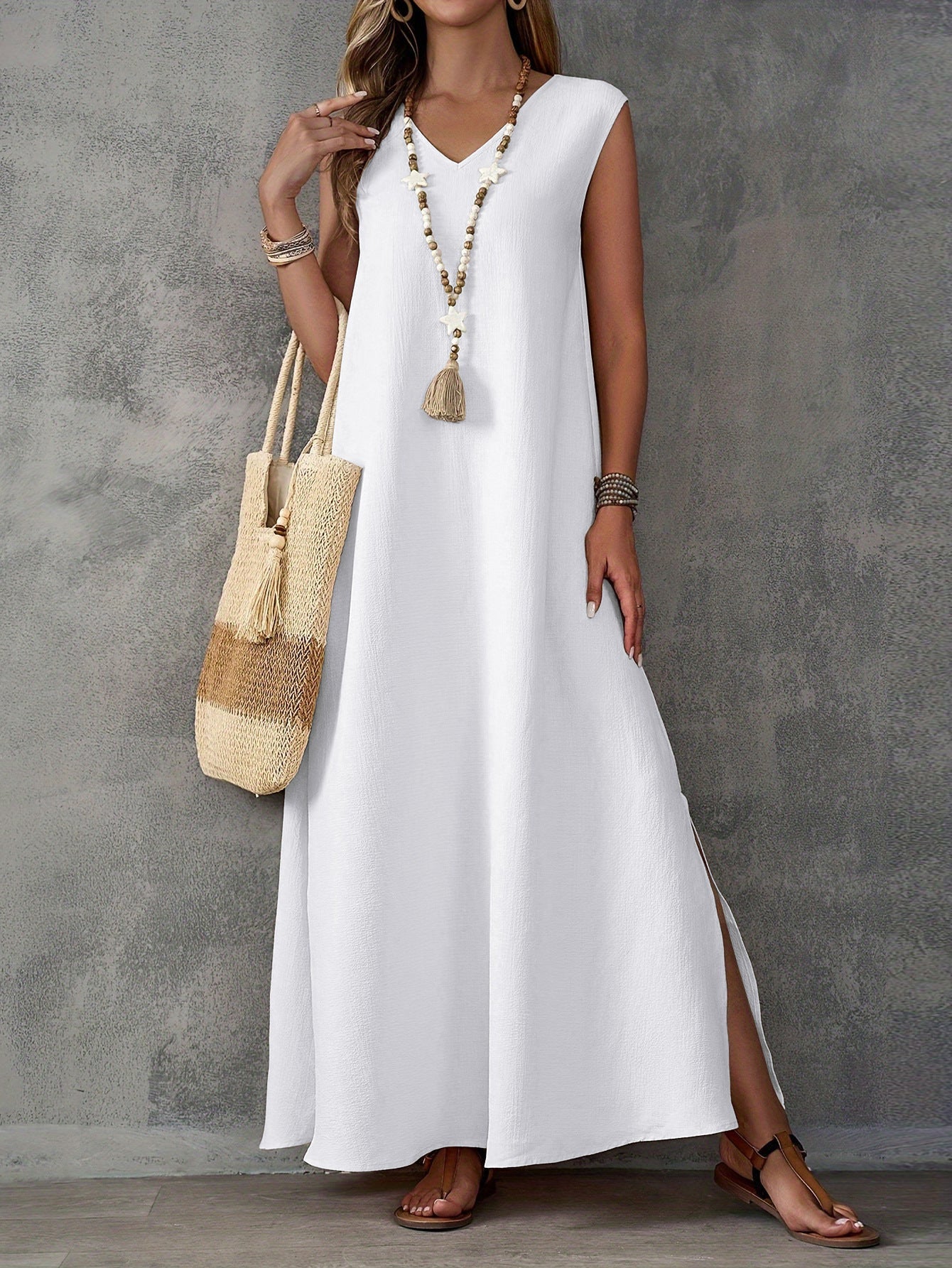 Robe longue femme – Coupe fluide – Décolleté en V – Sans manches – Coton