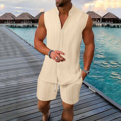 Ensemble chemise et short pour homme – Sans manches – Lin – Coupe décontractée – Col mandarin – Boutonné