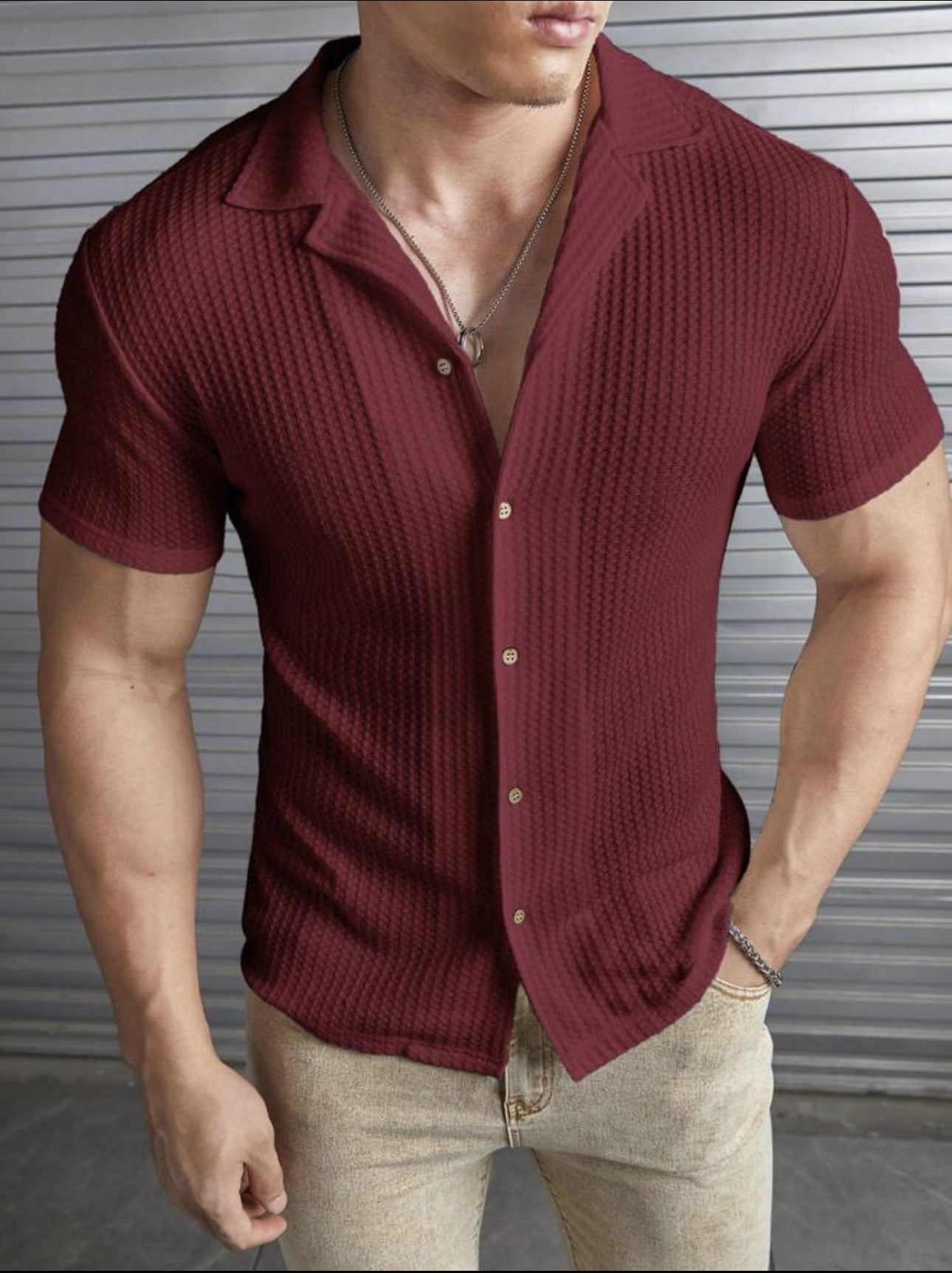 Men's T-shirt – Slim fit – Textured knit – Buttoned front – Short sleeves
