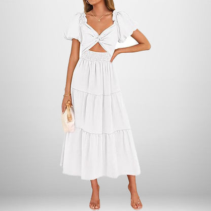 Robe longue femme – Tissu respirant – Col en V – Taille smockée – Jupe à volants