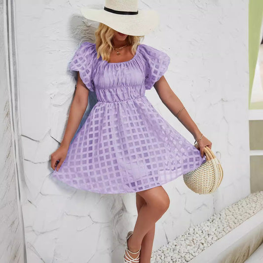 Robe mini femme – Manches bouffantes – Encolure carrée – Taille froncée – Tissu léger