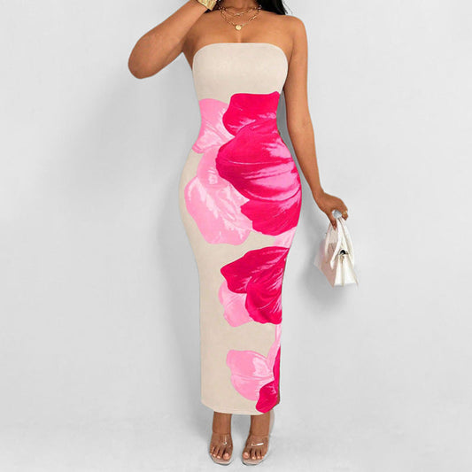Robe longue femme – Coupe slim – Sans bretelles – Imprimé floral élégant