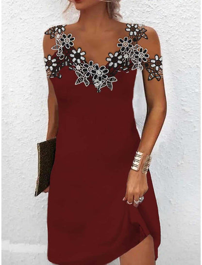 Mini robe pour femmes – Coupe ajustée – Dentelle brodée – Décolleté en V – Sans manches