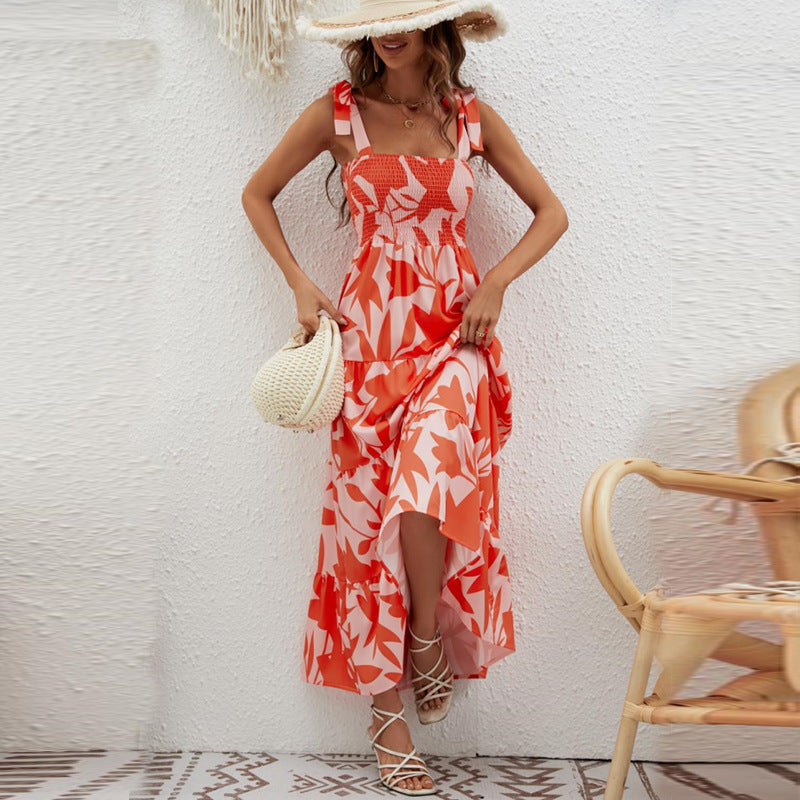 Robe longue femme – Bretelles nouées – Tissu léger – Jupe évasée à volants