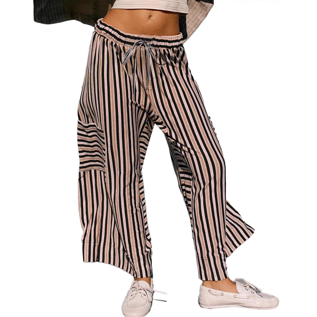 Pantalon femme large – Coupe décontractée – Rayures verticales – Tissu respirant – Taille à cordon