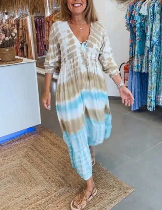 Robe Caftan Femme – Coupe Ample – Fibres Naturelles – Tie-Dye – Longueur Midi