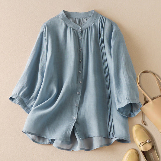 Chemise Femme Manches Mi-Longues – Coupe Ample – Col Montant – Tissu Naturel – Plis Décoratifs
