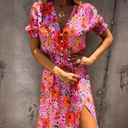 Robe longue femme – Taille haute – Tissu respirant – Manches courtes – Fente côté