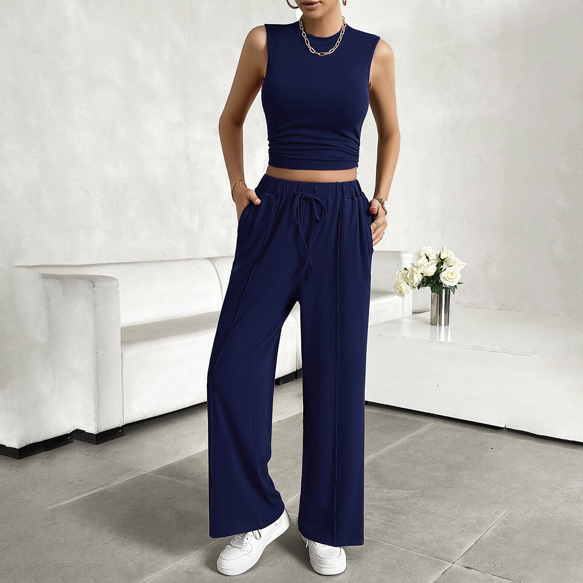 Ensemble Femme 2 Pièces – Haut Court Sans Manches – Pantalon Large Taille Élastique