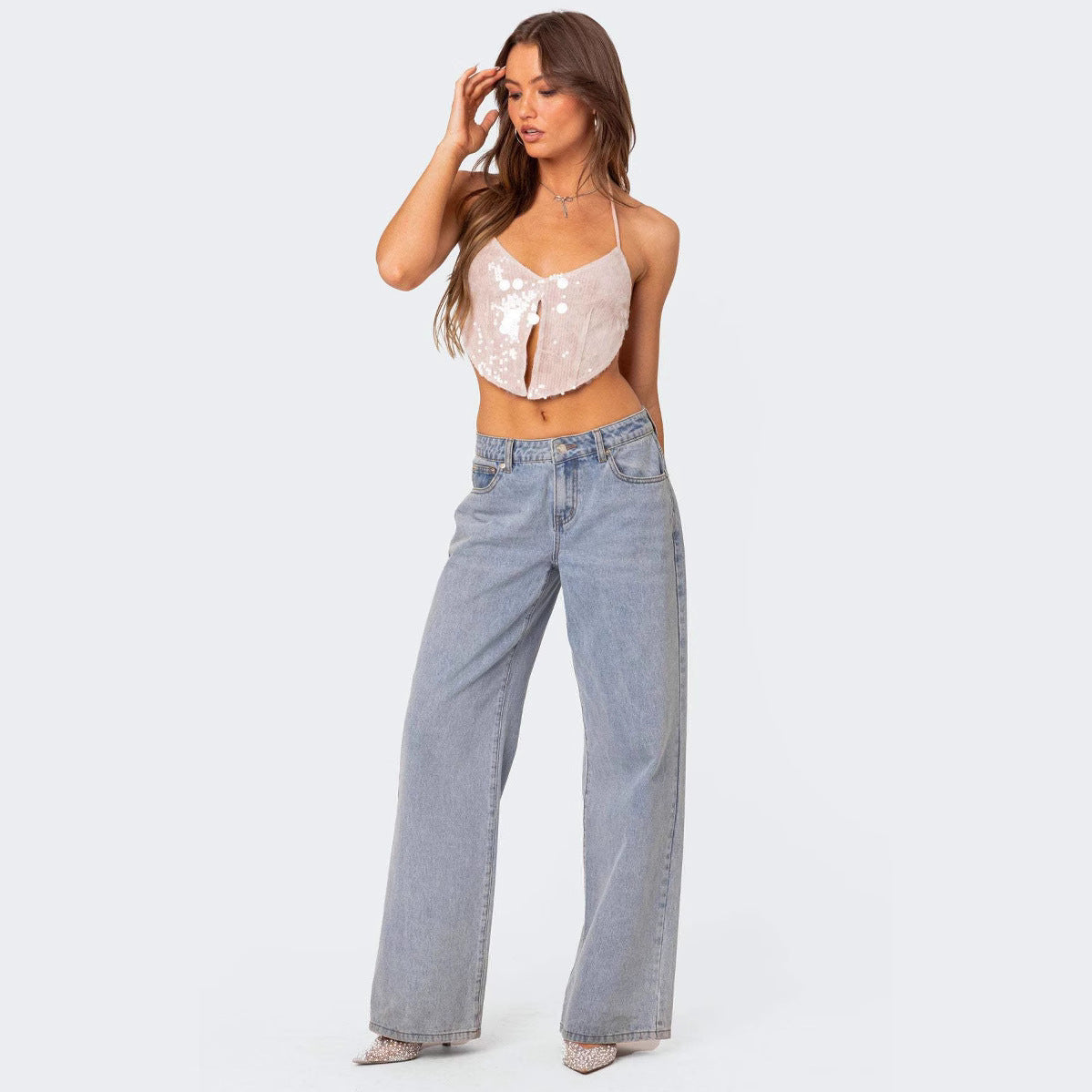 Top court femme – Dos nu à sequins – Décolleté plongeant – Coupe ajustée soirée