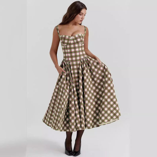 Robe Longue Femme – Motif Carreaux Élégant – Décolleté Cœur – Tissu Fluide avec Poches